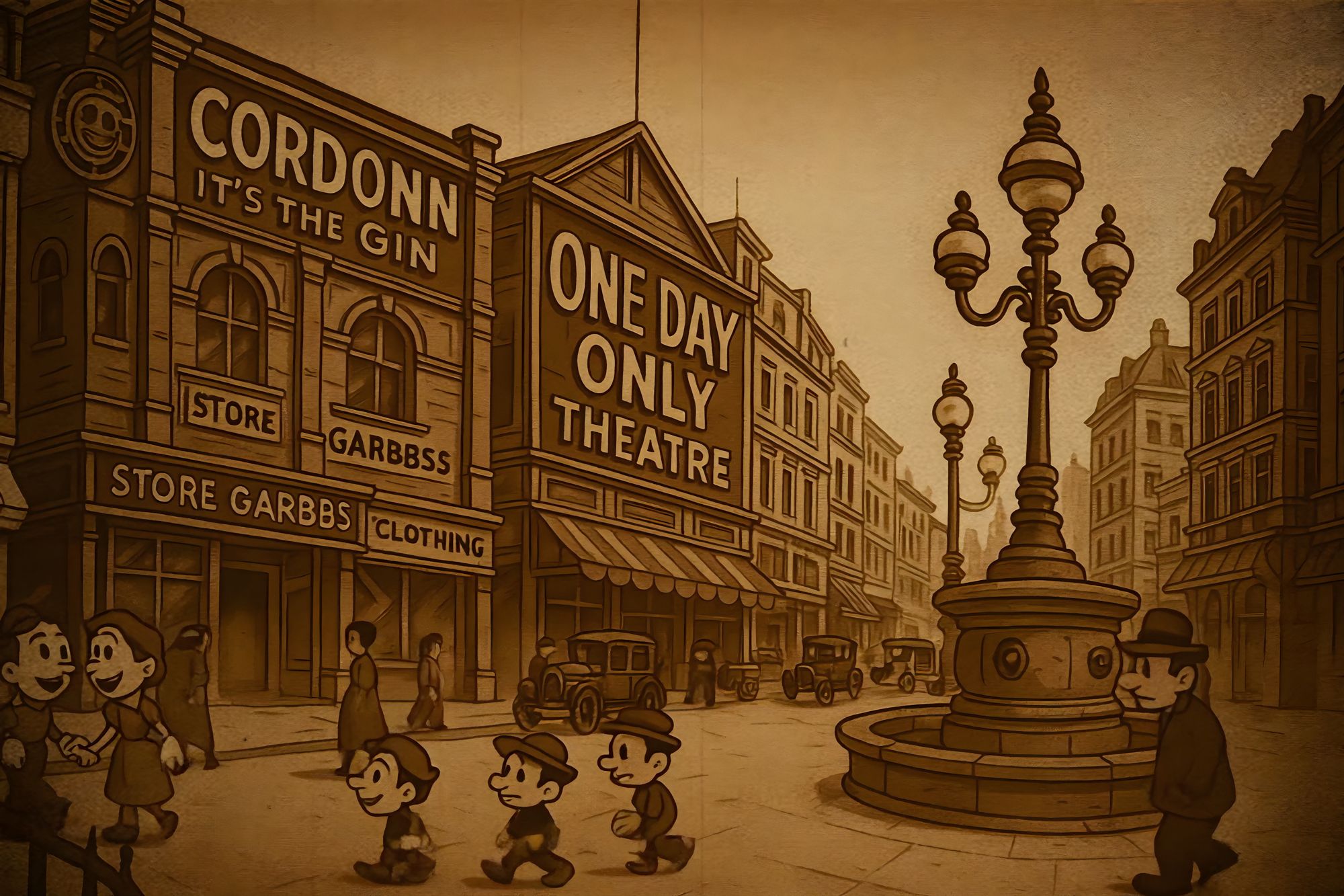Projected cartoon of an old city street with a theatre and a clothing store