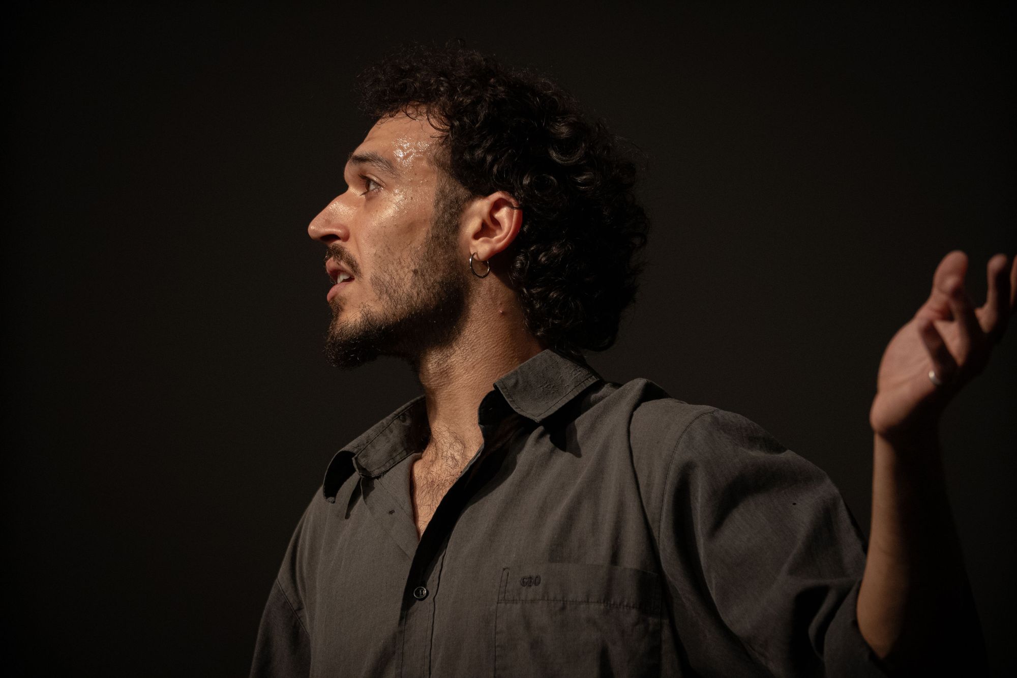 Close-up of Alexandros mid-speech, one hand raised, in warm light